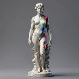 3D print marble sculpture of Emma Watson by Jean-Baptiste Carpeaux and Luo Li Rong and Michael James Talbot, standing pose, perfect symmetrical face, colorful, bright psychedelic colors, bodypaint, acrylic paint splashes, full length shot, elegant, realistic, 8K, female full-skin figure, hyperrealism, subsurface scattering, raytracing, soft light, Octane Render, Redshift, Zbrush
