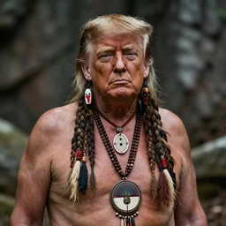 a portrait photograph of Donald Trump as a tribal shaman from the stone age, DSLR photography