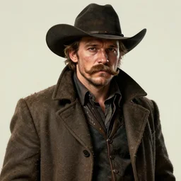 chris pratt as an old cowboy with a large moustache, ugly, bags under his eyes, dark eyes, he wears a big coat, scruffy. character concept art. royo, artgerm, wlop. fashion. dnd. trending on artstation.