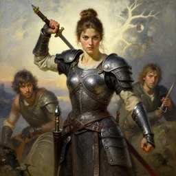 a beautiful and strong female warrior by Edgar Maxence, Ross Tran and  Jules Bastien-Lepage