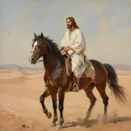 jesus christ, riding a horse in the desert, oil paint by alyssa monks, greg rutkowski, cinematic, canon