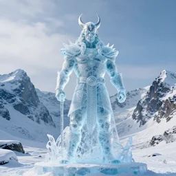photography of an ice statue of un unknow viking god, intricate, complexe. snowy mountains dream landscape