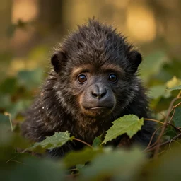 award winning hyper realistic photograph of a sasquatch pup hiding in the leaves peering out timidly with large cute eyes, portrait, 8 k, golden hour, atmospheric
