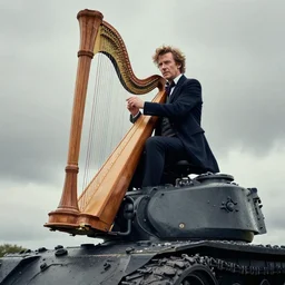 peter capaldi doctor who playing an harp on top of a tank