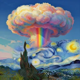 a rainbow nuclear mushroom cloud in wastelands, detailed, trending on artstation, by vincent van gogh and dan mumford