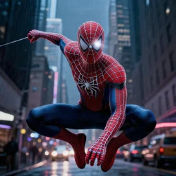 portrait of peter parker swinging with spiderweb through cyberpunk new york city street, a dark city background, lens flare, rain, deep focus, d & d, intricate, elegant, highly detailed, photo, 9 0 s, artstation, blade runner, 8 k, sharp focus, octane, unreal engine 5, global illumination, radiant