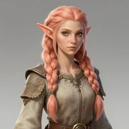 female firbolg from dungeons and dragons with long braided peach color hair wearing an old tunic, d & d digital character illustration, artstation trending, artstation dungeons and dragons female octane render, intricate, sharp focus, illustration, highly detailed, digital painting, concept art, matte, character art by and prywinko art, studio quality, masterpiece