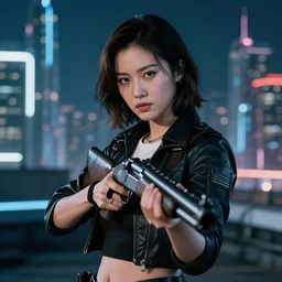 photographic portrait of a techwear woman holding a shotgun, closeup, on the rooftop of a futuristic city at night, sigma 85mm f/1.4, 4k, depth of field, full color, Die Hard, movies with guns, movie firearms