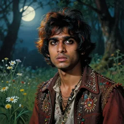 a handsome but cl intense young indian man in layers of fear, with haunted eyes, dyed hair, wearing a punk outfit, 1 9 7 0 s, seventies, delicate embellishments, a little blood, woodland, moonlight shining on wildflowers, painterly, offset printing technique, by alexandre cabanel