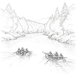 river rafters floating down a river, minimalist line drawing, clean long lines, ultra detailed