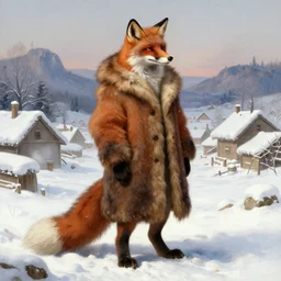 an anthropomorphic fox man wearing a long fur coat in a snowy village, his long tail dragging behind him, character illustration by greg rutkowski, thomas kinkade, Franz Xaver Winterhalter, William-Adolphe Bouguereau, Howard Pyle, El Greco