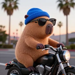 a photorealistic photograph of a knitted cute Capybara wearing sunglasses and dressed in a blue beanie cap. The subject is also riding on a black motorcycle in Hollywood at dusk. Palm trees in the background. This 4K HD image is Trending on Artstation, featured on Behance, well-rendered, extra crisp, features intricate detail and the style of Unreal Engine.