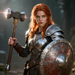 dwarven woman, ginger hair, green eyes, holding hammer and shield with plate armour ultra realistic , lens flare, atmosphere, glow, detailed,intricate, full of colour, cinematic lighting, trending on artstation, 4k, hyperrealistic, focused, extreme details,unreal engine 5, cinematic, masterpiece