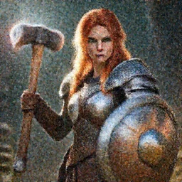 dwarven woman, ginger hair, green eyes, holding hammer and shield with plate armour ultra realistic , lens flare, atmosphere, glow, detailed,intricate, full of colour, cinematic lighting, trending on artstation, 4k, hyperrealistic, focused, extreme details,unreal engine 5, cinematic, masterpiece