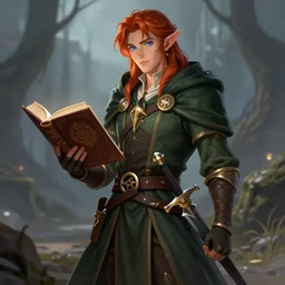 a fantasy elf that is a wizard, holding a spell book and a dagger, with red hair, blue eyes, and is tall, 4 k digital art