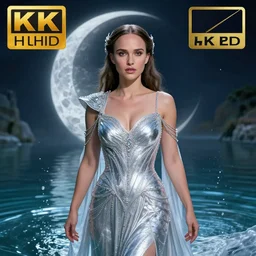 natalie portman as a moon goddess dressed in intricate silver clothing surrounded by water particles above a serene pond, fantasy, wlop, trending on artstation, deviantart, anime key visual, official media, professional art, 8 k uhd