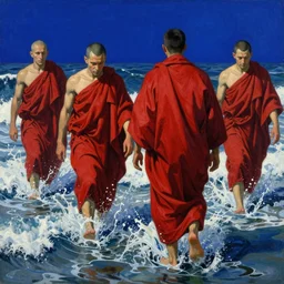 worshippers in red robes wading through waves, high detailed beksinski painting, part by adrian ghenie and gerhard richter. art by takato yamamoto. masterpiece, deep colours, blue