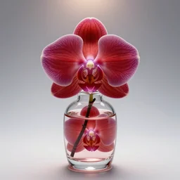 a beautiful orchid flower in a bottle of glasses, red color vibe, ultra detailed, light from top