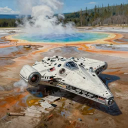 a painting of a crashed star wars spaceship in the grand prismatic spring yellowstone landscape, a detailed matte painting by peter madsen, featured on artstation, space art, matte painting, matte drawing, reimagined by industrial light and magic