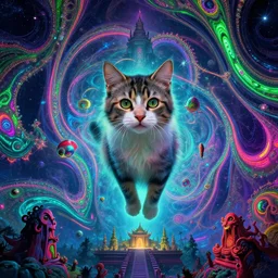 mysterious cosmic kitten hovering over haunted mystical temple, infinite hallucinogenic fractal waves, # f 2 2 2 ff # 8 c 1 eff synthwave, bright neon colors, highly detailed, cinematic, eyvind earle, tim white, philippe druillet, roger dean, ernst haeckel, lisa frank, aubrey beardsley, kubrick