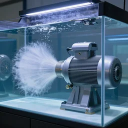 water powered implosion motor presented proudly in a transparent indoor big aquarium