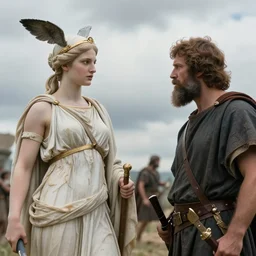 photo of the goddess athena talking with odysseus, discussing battle strategy, photorealistic, prizewinning photo, ultradetailed, cloudy day lighting