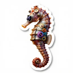 bumper sticker art of a realistic seahorse wearing a steampunk astronaut helmet with multicolored glowing gears and tubes and cables, crisp, trippy, fluorescent colors, insanely detailed, 3 d render, front shot, 3 5 mm