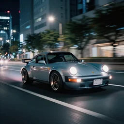 photo of a porsche 911 at night driving fast through a city, cinematic, 4k, long exposure photography, tokyo drift, fast and furious, film still, night photography, motion blur, lens flare