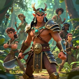 mayan jungle warrior game character sheet, expressive pose, sharp, centered focus, intricate detail, by jamie hewlett, moebius, dan mumford, josan gonzalez, greg rutkowski, pixar, cinematic, movie poster, trending on artstation