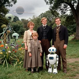 140mm film still from a sci fi blockbuster color movie made in 2019, set in 1860, of a human family standing in a park, next to some alien plants and flowers, their cute humanoid robot is standing next to them, on an alien planet, the family are all wearing 1850s era clothes, good lighting, good photography