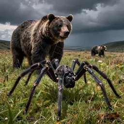 photo of a giant black spider arachnid in a meadow standing infront of a grizzly bear in the distance, spider legs large, spider, orb weaver spider, brown bear, black bear