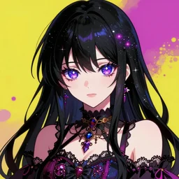 adult woman ; black hair galaxy texture ; starry eyes ; wearing gothic clothes ; idol ; bright colours ; drawn by mengo yokoyari ; cinematic ; high detail ; trending on artstation ; digital art ; anime key visual