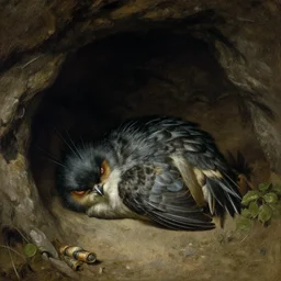 small monster bird rolled up for sleep in a dark cave, N. C. Wyeth ,