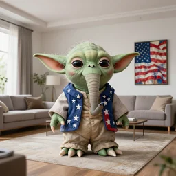 elephant yoda as potus American flag, modern art placed in a large living room, art designers magazine HD photo superrealism 3d 8k resolution