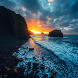 landscape photography by marc adamus, wide angle, scotland, shore, cliffs, ocean waves, dramatic lighting, sunset, dramatic sky