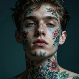 neo-surrealist hyper detailed close-up portrait of young beardless man covered in rococo flower tattoos matte painting concept art key sage very dramatic dark teal lighting low angle hd 35mm shallow depth of field 8k