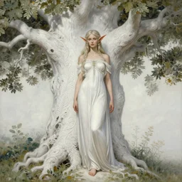 painting of a female elf in front of a white oak, decorated, intricate, elegant, highly detailed, digital painting, artstation, concept art, smooth, sharp focus, illustration, art by artgerm and greg rutkowski and alphonse mucha, 8 k