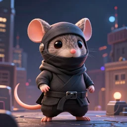 an rat ninja, ninja outfit, city in background, in the style of pixar, adorable and whimsical, fantasy, elegant, digital painting, artstation, unreal engine, octane render, concept art, matte, sharp focus, vibrant colors, high contrast, illustration, art by justin gerard
