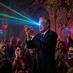 Jeb Bush clapping while shooting laser beams out of his eyes into a crowd, Evil, chaos, ornate, horror, detailed, bloodborne, colorful