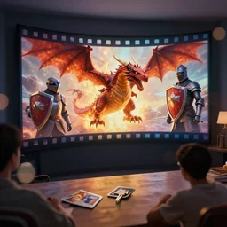 3 d firedragon popping out of curved movie screen, 3 d shielded knight popping out of curved movie screen, volumetric lighting, bedroom, visor, users, pair of keycards on table, bokeh, creterion collection, shot on 7 0 mm, instax