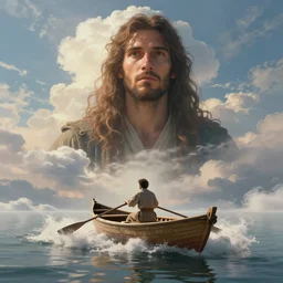 an intricate concept illustration of an a man rowing on his boat on a lake of clouds, fantasy, colors, dreamy, low pov, epic lighting, artstation, cgsociety, photo - realistic, by ivan talavera and artgerm, octane render