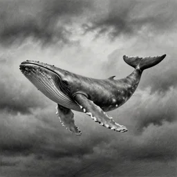 a dark cloudy day, a whale swimming in the sky, pencil drawing, ultra realistic, dmt