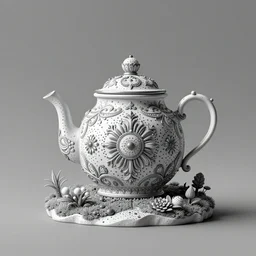 a teapot on a lonely island, dot art, monochrome, 2. 5 d, perfectionism, insanely detailed and intricate, hypermaximalist, elegant, ornate, hyper realistic, super detailed