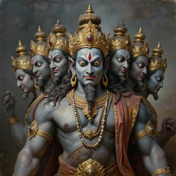 a beautiful cinematic masterpiece headshot portrait of majestic colossal gothic hindu asura demon god ravan with ten heads, from ramayan, symmetric centered portrait, by edward hopper, by bruce pennington, by greg rutkowski, oil on canvas, trending on artstation, brilliant diffused studio lighting, sharp, hyper - detailed, cinematic composition, no frames, hd, 8 k