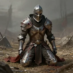 aesthetic digital illustration of a defeated paladin without a helmet kneeling on the battlefield, by anne stokes | dirty and bloody, character concept, concept art, unreal engine, finalrender, centered, deviantart, artgerm