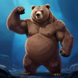 oversized muscular anthropomorphic grizzly bear flexing muscle , trending on artstastion, blue dramatic backlight