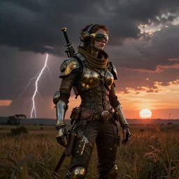 steampunk, surreal, sunset during a thunderstorm trending on artstation, photo realistic, octane render