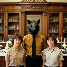 realistic photo portrait of the family, brown mustard shirt, black tie, crow mask face, wooden polished and fancy expensive wooden laboratory hall interior with museum artifacts 1 9 9 0, life magazine reportage photo