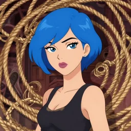 short blue haired woman, rope art, american pop animation style
