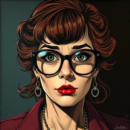 the artist adele with big glasses, portrait, wide shot, moody light, dark colors, illustration, pop art, splash painting, graphic novel, art by geof darrow, ashley wood, alphonse mucha